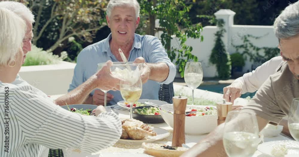 Sticker Eating lunch, senior friends and talk at table, party and celebration in outdoor garden at home. Food, wine and group of people in retirement together at social gathering with alcohol glass or salad