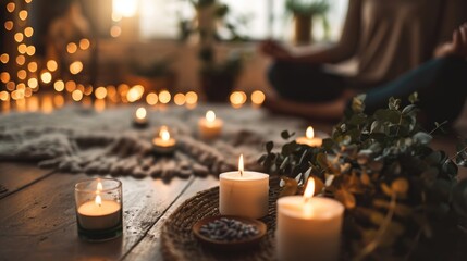 Aromatic candles flickering beside a person in a meditative pose, filling the room with the soothing fragrance of eucalyptus and peppermint.