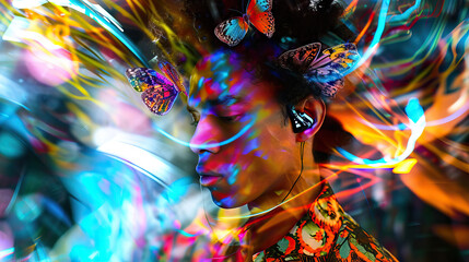 Retro Rave: A Guy with a Portable CD Player and Butterfly Clips in His Hair Bops Along to Animated Music Notes in a Virtual Reality World, Blending Retro Vibes with Futuristic Fun - obrazy, fototapety, plakaty