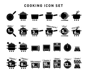 モノクロのベクター調理アイコンセット：調理方法と時間
