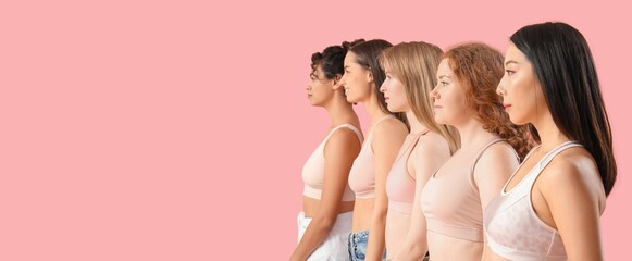 Group of beautiful young women on pink background with space for text. Banner for Women History Month - obrazy, fototapety, plakaty