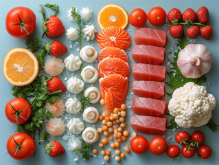 Fresh Sushi Ingredients and Fruits Assortment on Blue Background