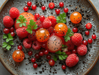 Artistic Composition of Fresh Tomatoes, Raspberries, and Herbs with Smiling Faces