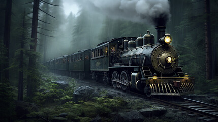 steam powered train in a rainy forest - obrazy, fototapety, plakaty