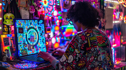 Y2K Workspace: A Guy with a Chunky Laptop Covered in Stickers Works in a Y2K-Themed Cyber Cafe, Surrounded by Retro Tech, Creating a Nostalgic Workspace Amidst Modern Technology.
