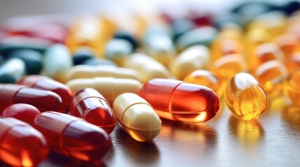 Closeup of a variety of vitamins and supplements, showcasing the trend of tailoring vitamin intake to individual needs. - obrazy, fototapety, plakaty