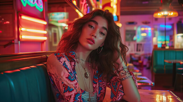 Girl with a Necklace and a Retro Walkman Poses in a Diner with Classic 90s Neon Signs and Decor, Bathed in Kaleidoscopic Colors that Evoke the Era's Vibrancy.