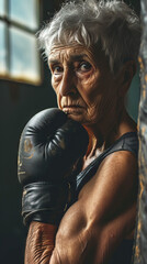 Retired Senior Grandmother, Embracing a New Challenge, Wears Boxing Gloves in an Indoor Gym, Sweat...