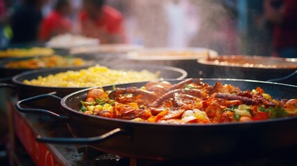 Closeup of mouthwatering traditional dishes being cooked at a festival food stall.