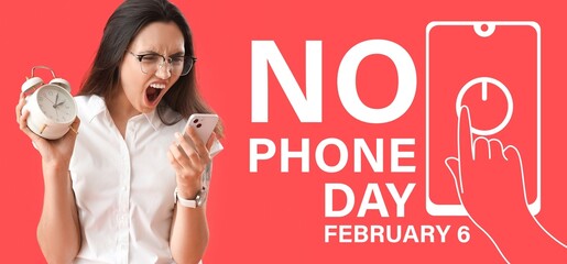 Banner for No Phone Day with angry young woman with alarm clock and mobile phone