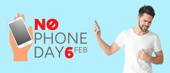 Banner for No Phone Day with stressed young man and mobile phone