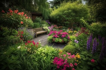 Fototapeta na wymiar A peaceful garden with vibrant flowers, lush foliage, and tranquility. Generative AI