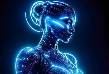 cyber woman neon style - obrazy, fototapety, plakaty