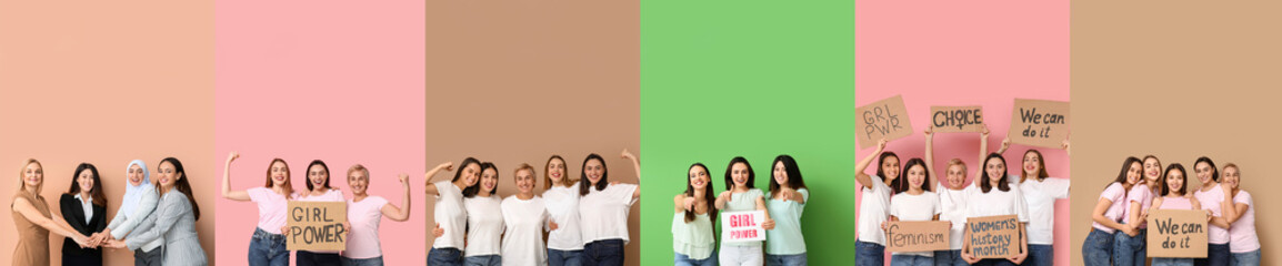 Collage of many women with different slogans on color background. Concept of feminism