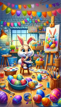 Bunny Artist Painting Easter Eggs.
An adorable bunny painting Easter eggs in a bright, festive workshop.
