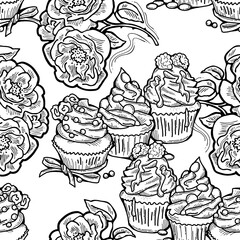 Tasty sweet cupcake dessert decorative seamless vector pattern for textile design, fabric print, digital or wrapping, wall paper, background and backdrop, bakery shop decoration, cafe, restaurant menu