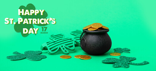 Leprechaun's pot with golden coins, party glasses and clovers on green background. Banner for St....