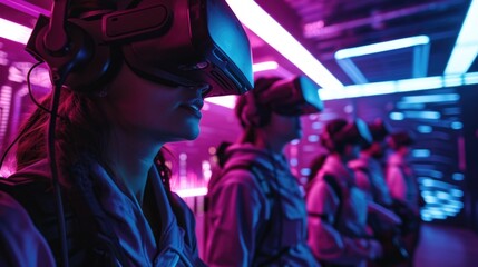 A group of people enjoying a virtual reality experience in a neonfilled room transporting them to a futuristic world