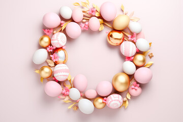 Easter wreath, beautifully decorated with colorful eggs and spring flowers.3D render-style inspiration. Easter template, mockup, with copy space for text.