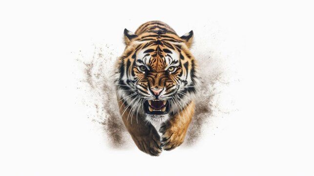 angry tiger running towards camera isolated transparentAi Generative