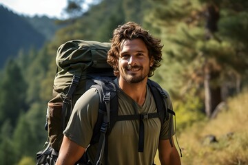 Obraz premium Male backpacker enjoying a hike through a lush forest trail