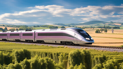 TGV train Passing French Vineyards: France's high-speed TGV train speeds past sprawling vine - obrazy, fototapety, plakaty