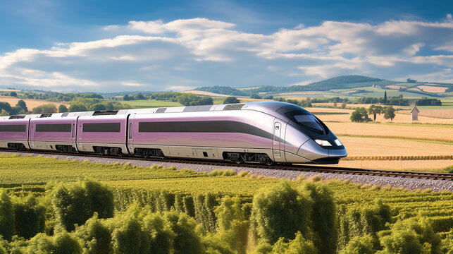 TGV train Passing French Vineyards: France's high-speed TGV train speeds past sprawling vine