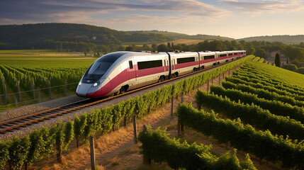 Obraz premium TGV train Passing French Vineyards: France's high-speed TGV train speeds past sprawling vine