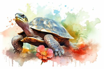 Artwork featuring a turtle and a flower, created using the technique of watercolor. Generative AI