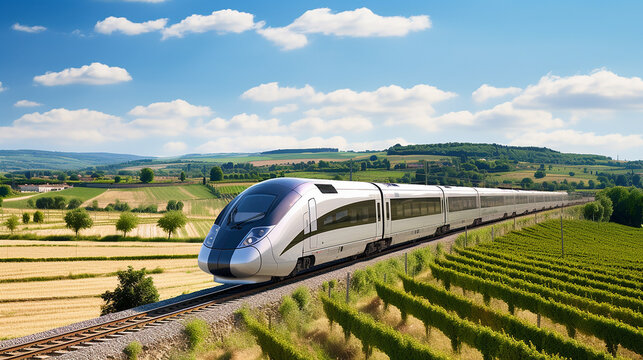 TGV train Passing French Vineyards: France's high-speed TGV train speeds past sprawling vine