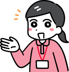 Fototapeta premium 片手をあげて笑顔で案内する介護スタッフの若い女性(上半身・ポロシャツ)