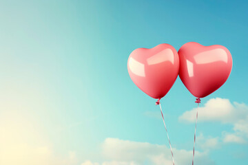 A retro pink heart balloon floats in the blue sky in clouds. the symbol of love. Copy Space