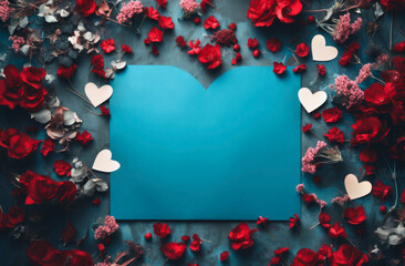 Frame of flowers and leaves in crimson tones on an empty dark cyan background for text or advertising, Valentine's Day or romantic card, message, banner