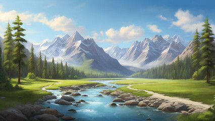 Fototapeta na wymiar forest scene with a winding river, surrounded by towering mountains and a clear blue sky. The colors are vibrant and the air is crisp, creating a peaceful atmosphere perfect for stress management.