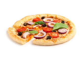Tasty pizza with basil and tomatoes on white background