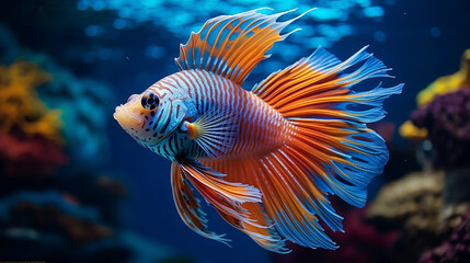 A bright, exotic fish swimming alone in a clear, blue aquarium
