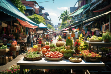 A vibrant street market scene with colorful stalls and diverse people, capturing the essence of...