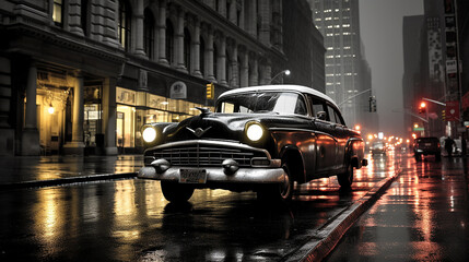 A classic black and white taxicab in the rain soaked road - obrazy, fototapety, plakaty