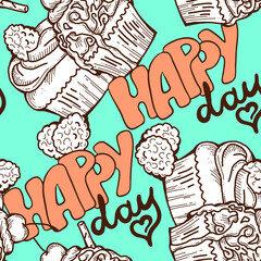 Tasty sweet cupcake dessert decorative seamless vector pattern for textile design, fabric print, digital or wrapping, wall paper, background and backdrop, bakery shop decoration, cafe, restaurant menu