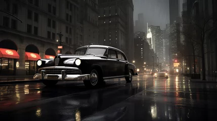 Foto op Plexiglas A classic black and white taxicab in the rain soaked road © Aura