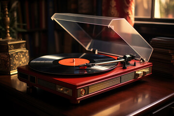 A vintage record player with vinyl albums, depicting music appreciation and retro vibes. Generative...