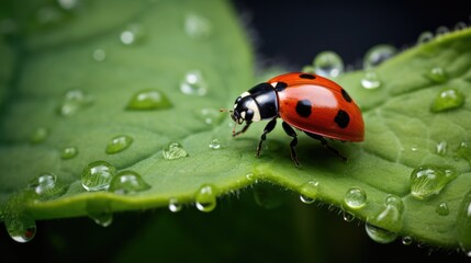 A macro shot of a ladybug crawling on a leaf, surrounded by tiny aphids. This showcases the use of natural predators for pest control in sustainable farming, eliminating the need for harmful