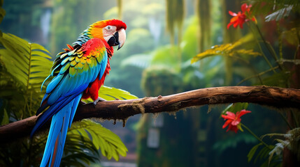 colorful parrot perched on a branch in a tropical rainforest