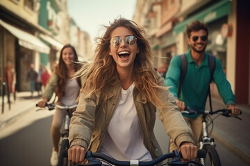 A group of friends exploring a city on bicycles, highlighting urban adventure and friendship. Generative Ai.