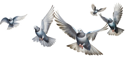 A flock of pigeons soaring through the sky.