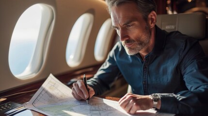 With a pen in hand and a focused expression, an architect intently studies blueprints while flying...