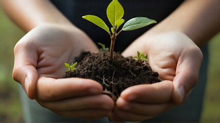 A man holds a young plant in his hands for earth day concept