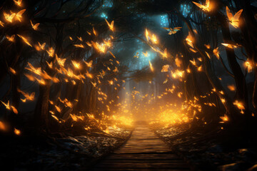 A trail of fireflies creates a mesmerizing dance of light in the evening, instilling wonder at the natural beauty and enchantment that unfolds under the night sky.  Generative Ai.