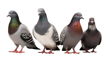 Three pigeons standing in a row on a ledge, with one facing left, one facing forward, and one facing right.