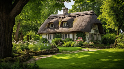 Fototapeta na wymiar A quaint thatched-roof cottage nestled in a lush, green meadow